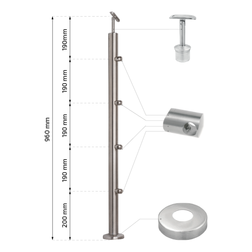PSG Poteau de rampe intermédiaire traversant ø 42,4 mm AISI 304 – 4 supports, satiné 001-204 (2)