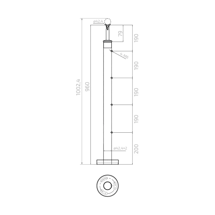 PSG Poteau de rampe intermédiaire traversant ø 42,4 mm AISI 304 – 4 supports, satiné 001-204 (4)