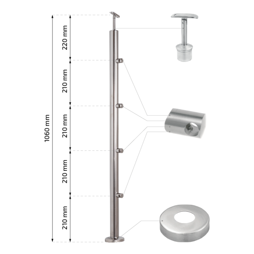 PSG poteau de balustrade traversant Ø42,4 mm en acier inoxydable AISI 304 – 4 supports Ø12, montage au sol 001-207 (2)