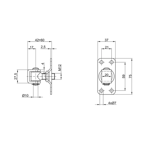 Komet – charnière portail réglable M12 avec écusson 75 × 37 mm, zinc galvanique 001-522 (2)