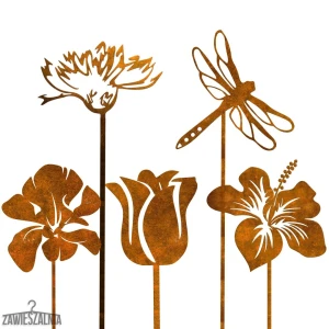 Bijoux de Jardin Suspendus – ensemble rouillé de 5 ornements avec libellule XXL en acier 99 cm