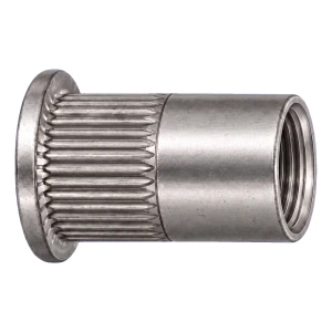 Écrou à river en acier inoxydable A4 M6×14,5 mm – tête plate, fût moleté – carton de 250 pièces
