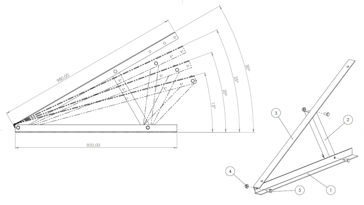 Triangle de montage, réglable - 15-30 horizontal - 980x371x850 PV-09-08 (2)