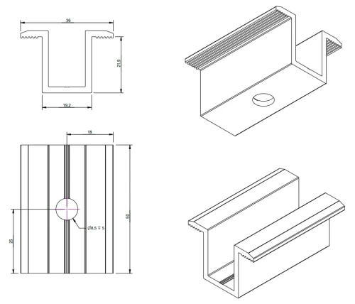 Pince central H24 Aluminium 6060 Trou M8 Peint PV-04-15 (2)