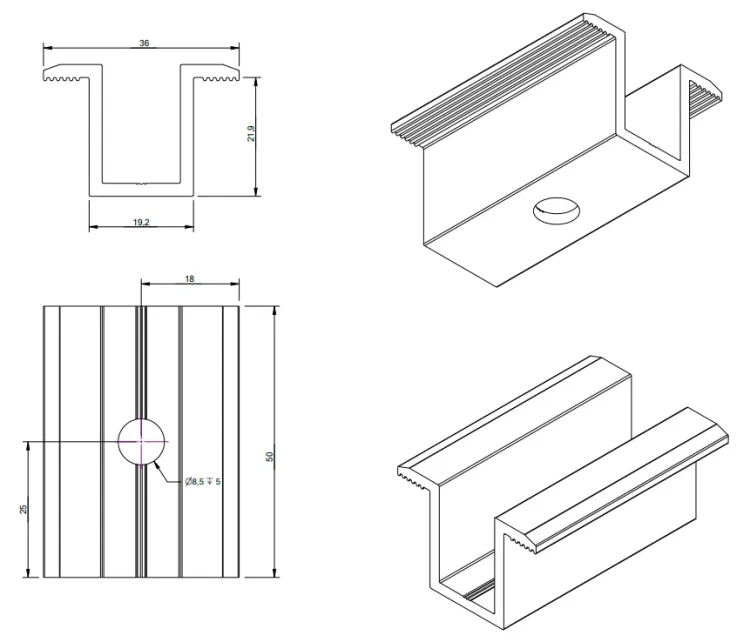 Pince centrale H25 L50 brute avec vis M8x20 et insert pour panneaux de 30mm PV-04-16 (3)