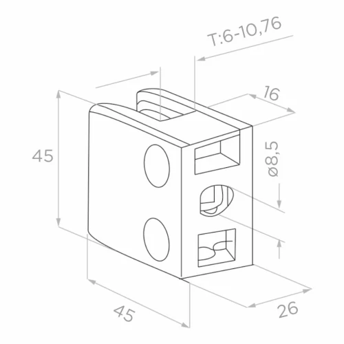 Support de verre 45x45x26 mm, verre 6-10,76 mm, AISI 304, système plat, satiné 000-260 (2)