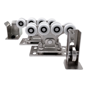 Kit de chariots pour profilé 68x68 mm avec roues en plastique, avec galet et support de butée d'entrée