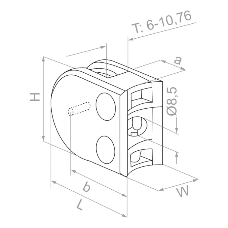 Support de verre 50x40x26 mm avec pin, verre 6-10,76 mm, AISI 304, système 42,4, poli 000-264 (3)