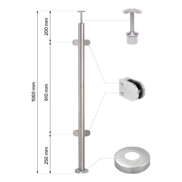 Poteau de balustrade d'angle pour verre ø 42,4x1060/1102,4mm 4 fixations poli 000-559 (2)