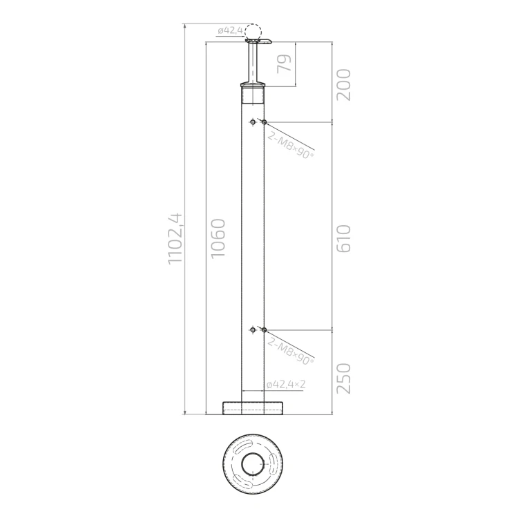 Poteau de balustrade d'angle pour verre ø 42,4x1060/1102,4mm 4 fixations poli 000-559 (5)
