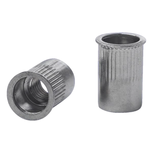 Écrou-rivet traversant M10 A2 – collerette conique réduite, moletée, AISI 304