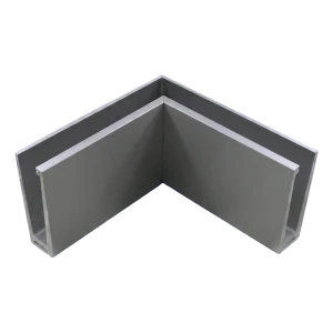 Profil d'angle interne en aluminium pour garde-corps tout verre 200×120×45 mm – fixation par le haut, satiné