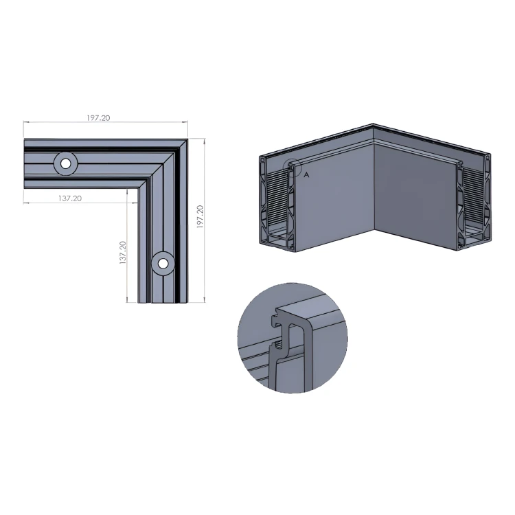 Kozza KE100 – profil U d'angle intérieur 90° pour balustrades entièrement vitrées, fixation par le haut 000-854 (2)
